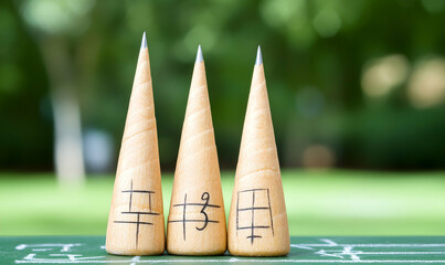 Three wooden skittles with numbers and symbols, set against a blurred green background. Perfect for games, strategy, or outdoor concepts.