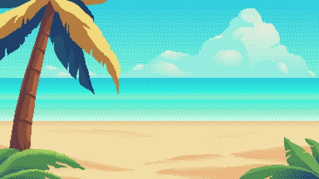 Loop animation of a pixel art tropical beach with palm tree, bright sky and gentle waves washing onto the shore.