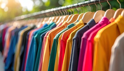 Fototapeta premium colorful clothes on hangers in the market