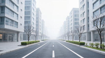 A road leading through modern buildings in a foggy setting