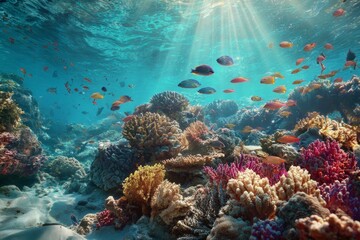 Obraz premium Vibrant coral reef underwater with colorful fish swimming peacefully 