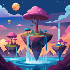 Whimsical fantasy landscape featuring floating islands waterfalls and colorful trees at sunset
