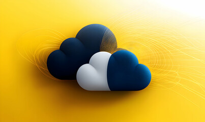 Abstract cloud computing concept, stylized 3D clouds on yellow background, representing data transfer and network connectivity.