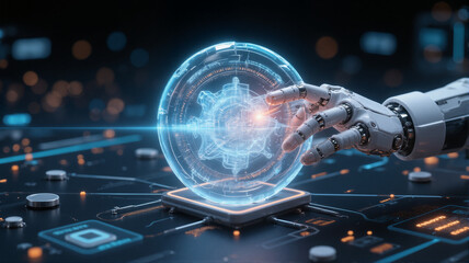 A robotic arm hovering over an illuminated hologram