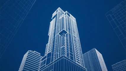 Blueprint-style illustration of a modern skyscraper against a deep blue background