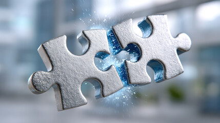 Fototapeta premium Dynamic puzzle pieces connecting in modern office space 3d corporate environment focused view collaboration concept for teamwork and problem solving