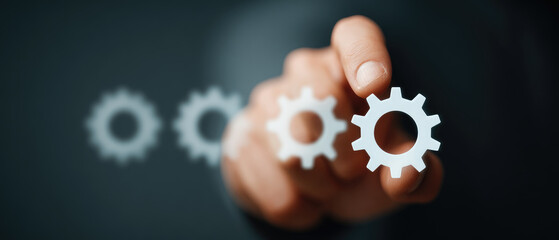Hand interacting with gears business workshop digital content professional environment close-up view innovation concept for maximizing efficiency