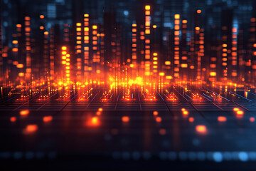Analog and digital audio signal, music equalizer. Bright LED display of audio equalizer in motion. Blurred sound background