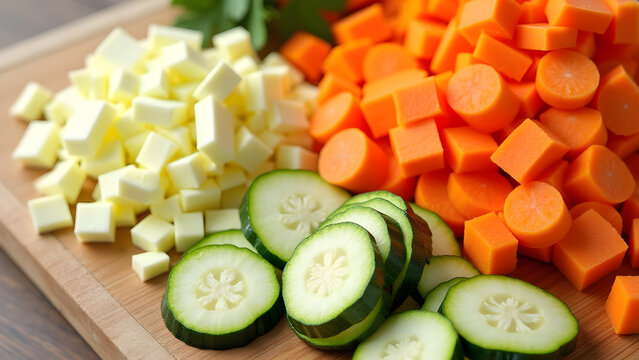Diced zucchini and carrot pieces on wood cutting board. Fresh colorful vegetables on a textured surface. Food preparation background with copy space
