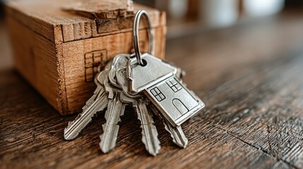 Several keys lie on a rustic wooden surface, showcasing a house-shaped keychain that represents homeownership and fresh starts in a cozy environment.