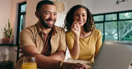 Happy, couple and cheers drink on laptop at house for good news, celebration and home loan approval. Smile, people and toast with juice of purchase success, property investment and insurance decision - Powered by Adobe