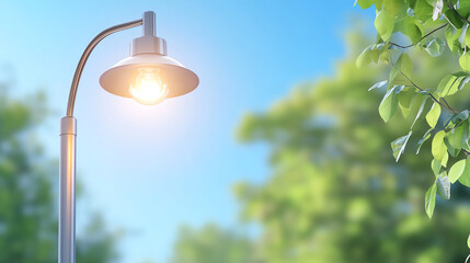 An elegant street lamp illuminates a serene outdoor space surrounded by lush greenery under a bright blue sky.