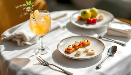 Elegant cocktail and gourmet appetizer on white linen, bathed in soft natural light.









