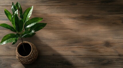 A Beautiful Green Plant in a Basket Perfectly Placed on a Wooden Floor with Text Space Available