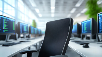 An empty ergonomic office chair in a modern workspace surrounded by computer stations, reflecting a productive work environment.