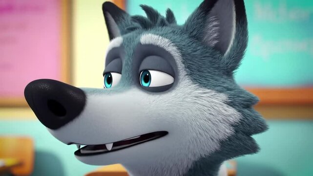 Closeup cartoon wolf character fluffy fur bright eyes indoor setting colorful background suitable for childrens content vector illustration commercial and editorial use
