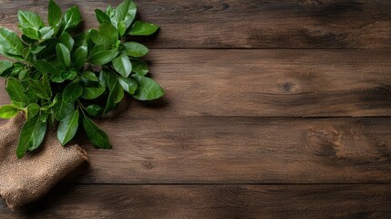 Fresh Green Leaves Arrangement on a Rustic Wooden Table with Space for Your Text Ideas and Concepts