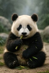 Obraz premium A young giant panda sits on the ground, holding and nibbling on bamboo leaves in a natural outdoor setting with blurred background.