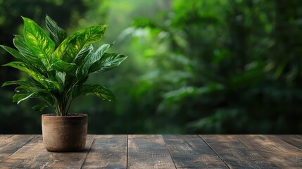 A Beautiful Green Plant in a Pot Perfectly Styled on Wooden Table with Space for Text