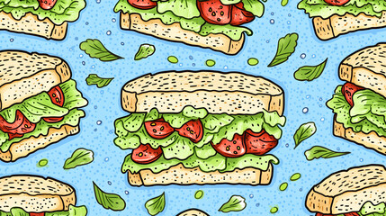 Delicious hand-drawn illustration of a tomato and lettuce sandwich, perfect for menu design, restaurant branding, or food blogs.  Repeatable pattern.