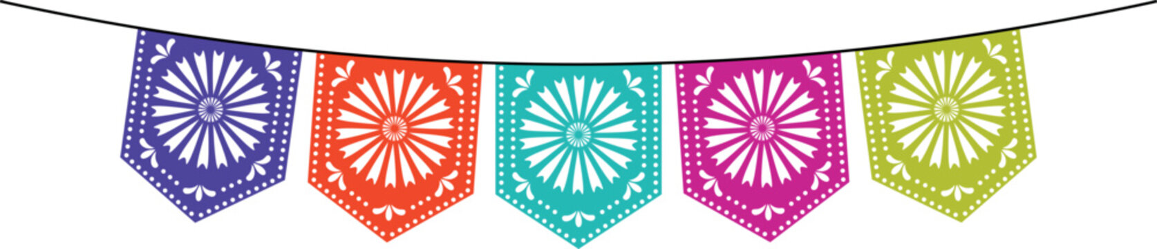 Mexican papel picado paper. Flags for holidays, weddings, parties, birthdays in Mexican style. Vector illustration isolated on transparent background.