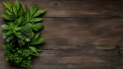 Fresh Green Leaves Beautifully Arranged on Wooden Surface with Space for Text on the Left Side