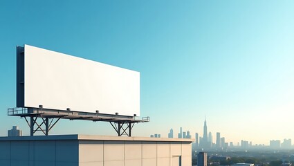 Blank billboard on rooftop overlooking a city skyline
