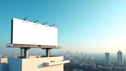 Blank billboard on rooftop overlooking a city skyline