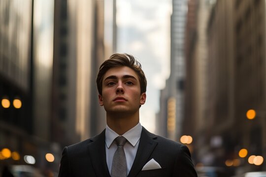 Young man in a suit in a city setting.