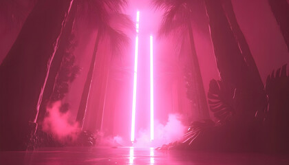 Surreal pink neon glow illuminating a tropical paradise, palm trees framing a mystical light beam reflecting on tranquil water.