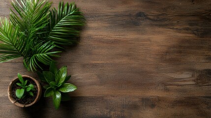 A Beautiful Isolated Pot of Green Leaves on a Rustic Wooden Table Perfect for Creative Text Placement