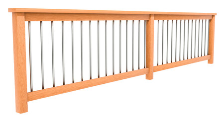 Indoor Balustrade Section: This image displays a clean, new-looking wooden balustrade with evenly spaced cylindrical metal spindles, designed for interior or exterior staircase