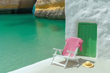 Fototapeta premium A white beach chair with a pink towel and sunhat rests against a bright green door by turquoise water. Mediterranean summer setting captured in a pastel travel concept.