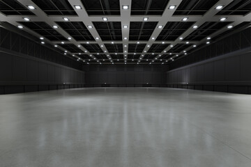 Empty hall exhibition centre.The backdrop for exhibition stands,booth,market,trade show.Conversation for activity,meeting.Arena for entertainment,event,sports.Indoor for Display,showroom.3d render.