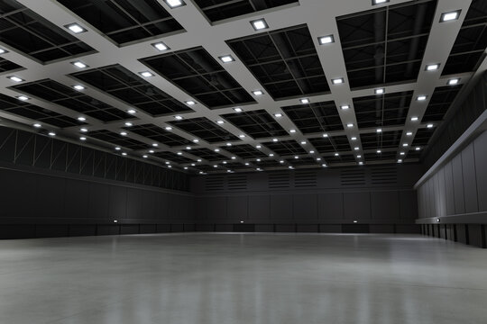 Empty hall exhibition centre.The backdrop for exhibition stands,booth,market,trade show.Conversation for activity,meeting.Arena for entertainment,event,sports.Indoor for Display,showroom.3d render.