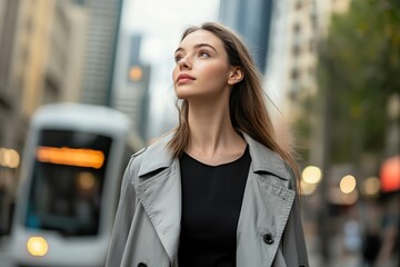 Woman looking upward on a city street.