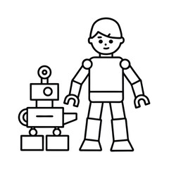 Obraz premium Cartoon outline art of humanoid robot and robotic companion side by side vector illustration