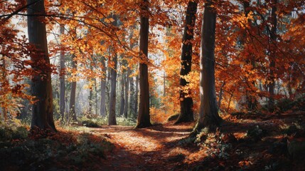 Obraz premium Autumnal forest path Sunlit trees with vibrant orange and red leaves A woodland trail