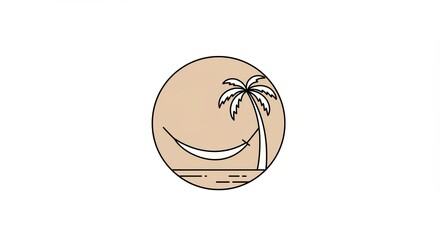 Minimalist Island Getaway: Palm, Hammock, and Ocean in Circle Icon.
