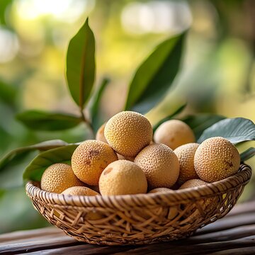 Basket of ripe Bacury fruits with textured skin and tropical leaves background