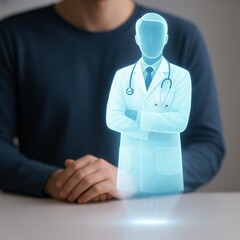 Holographic AI doctor provides health advice in a modern consulting space