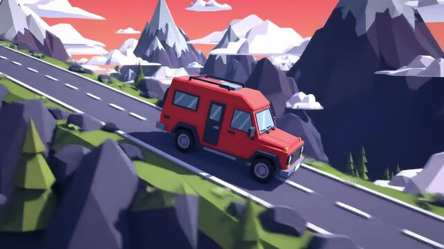 Colorful animated road trip scene through mountains with a red vehicle