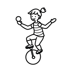 Cute outline art illustration of a girl juggling on a unicycle performing a circus act with joy