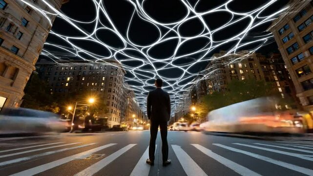 Cityscape Innovation: A solitary figure stands at the heart of a bustling metropolis, framed by an intricate web of illuminated lines overhead, symbolizing innovation and the digital age.