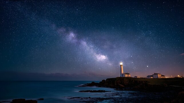 Long-exposure night sky image featuring a coastal lighthouse illuminated beneath swirling stars and serene darkness
