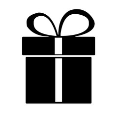 Black and white vector of a rectangular gift box with a ribbon and bow on top.