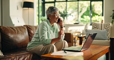 Phone call, smile and laptop with old woman on sofa for retirement savings, virtual consultant and audit. Insurance report, contact and annuity fund with person talking in living room of home