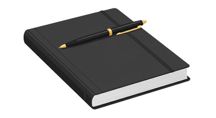 Black notebook and pen for writing notes and journaling business planning and creative ideas concept on transparent background