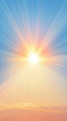 Fototapeta premium Radiant sunrise with bright sun rays bursting through pastel sky.