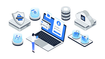 Isometric 3D Illustration of Woman Logging In for Personal Data Protection and Account Authentication.
